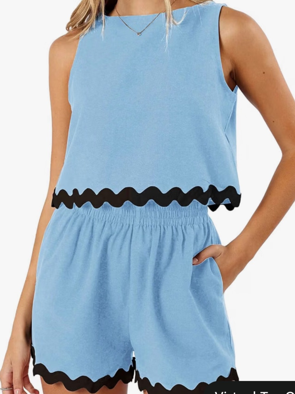 Light Blue Two-Piece Cropped Tank & Shorts Set with Black Scallop Trim